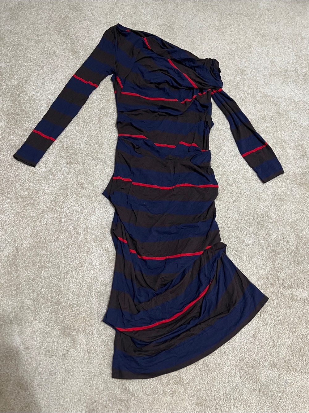 Draped Long-Sleeve Maxi Dress in Navy, Brown, and Red Stripe
